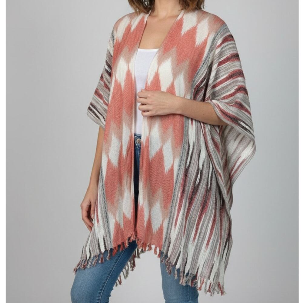 Maurices Made in India Cotton Rayon Kimono Shawl Chevron Print Pink Gray